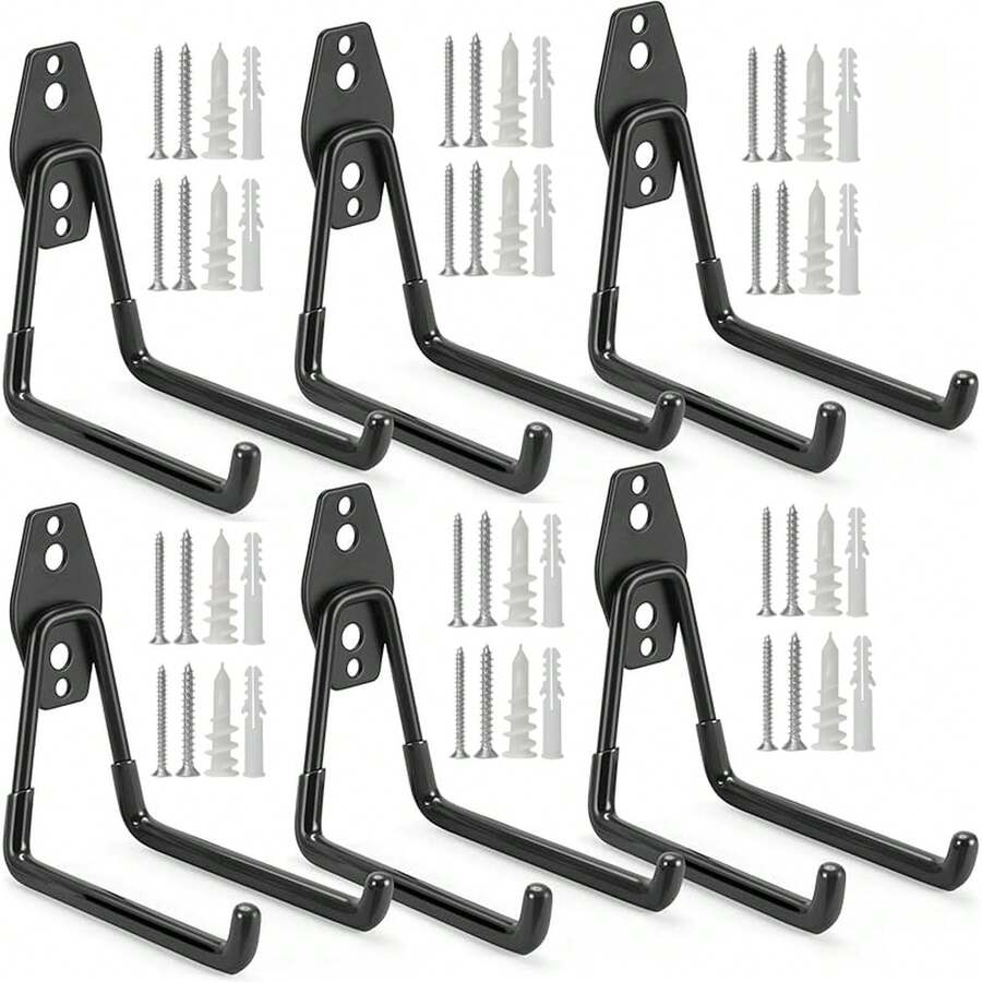 Heavy Duty Wall Mount Tool Hooks Black L-Shaped Iron Hangers 2 Pack With Complete Screws, Garage Garden Storage Rack For Shovel Broom Rake, Rustproof Strong Load Bearing, Wall Fence Universal Organizer
