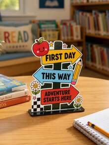 1pc Back To School Season Desktop Stand Up Sign Apple Road Sign Design Fun Multi Color Printed Desktop Ornament Suitable For Classroom Home Teaching Back To School Party Desktop Center Decoration Gift - D - View 6