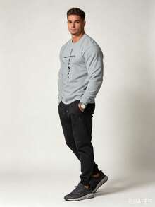 2026New Fashionable Casual Slogan Print Men's Crew Neck Sweatshirt - 淺灰色 - 查看 1