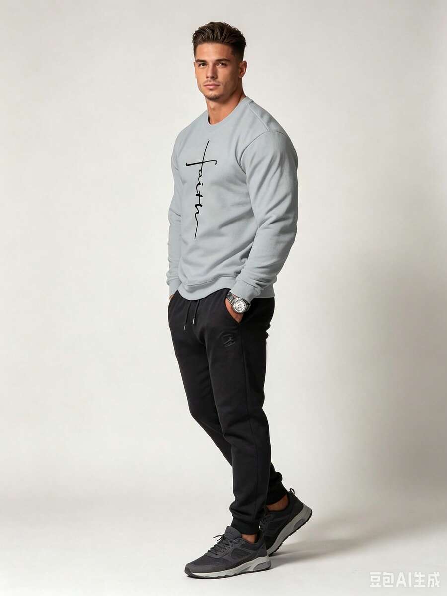 2026New Fashionable Casual Slogan Print Men's Crew Neck Sweatshirt - 淺灰色 - 查看 1