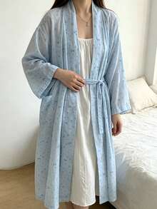 Women's Bathrobe, Comfortable Bathing Robe For Teenagers, Suitable For Reading At Home, Fresh Korean Style Bow Print Bathrobe, Spring/Autumn New Comfortable Loungewear Nightgown - Mint Blue - View 8