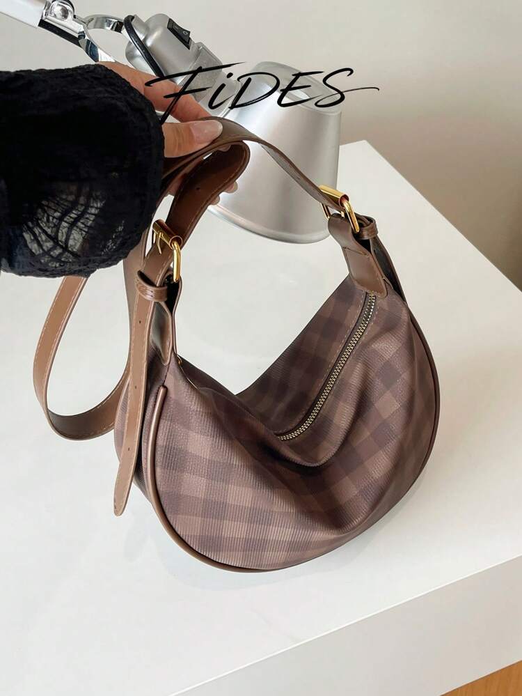 Tas Selempang Wanita Terbaru yang Modis, Desain Patchwork Kotak-kotak PU Minimalis Warna Solid, Cocok untuk Kencan, Belanja, Serbaguna dan Elegan - Kopi - View 5