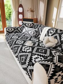 1pc Bohemian Style New All-Season Sofa Cushion, Straight-Line Anti-Scratch Leather Sofa Cover - Black - View 2