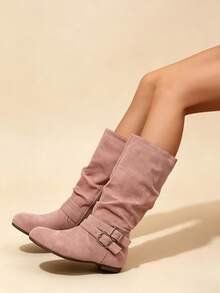 Women's Ruched Mid-Calf Boots With Strap Buckle Side Zipper Flat Heel Round Toe Elegant Versatile Comfortable Vacation Commute Daily Fashion Boots - Pink - View 2