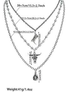 3pcs Western Cowboy Style Women's Chain Layered Necklace, Vintage Silver Bull Head, Cowboy Boots, Cowboy Hat Pendant Design, Versatile For Daily Wear, Express Your Personalized - Multicolor - View 6