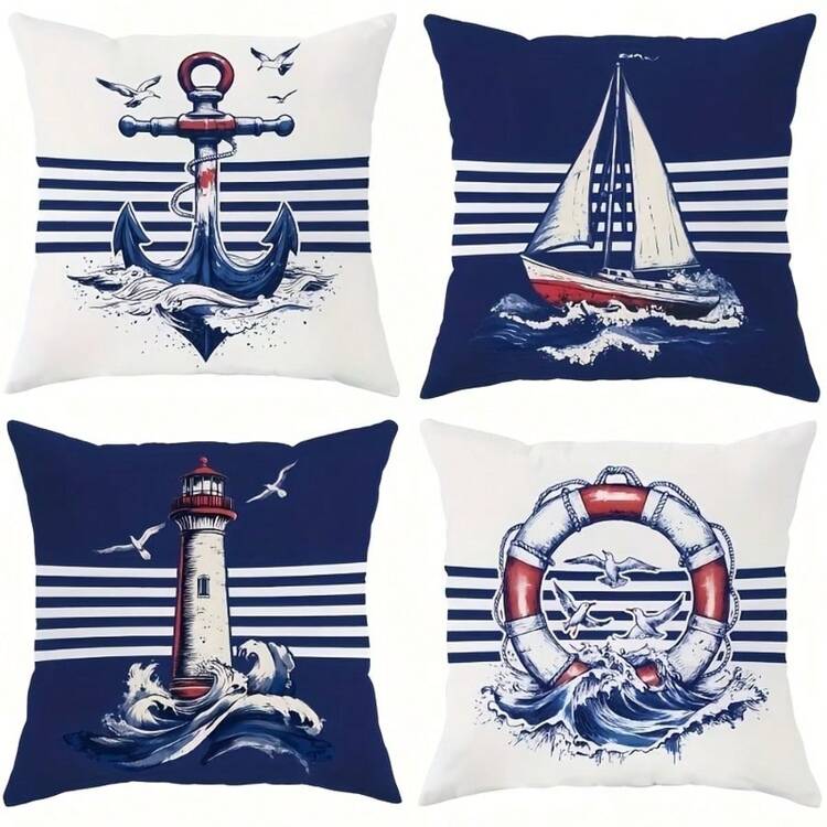 4PCS Navy Blue Striped Nautical-Style Square Pillow Cover With Anchors, Lighthouses, And Sailboats For Coastal Home Decor, Single-Sided, Pillow Insert Not Included - Blue - View 7
