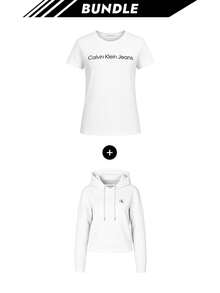 Calvin Klein [حزمة] تي شيرت نسائي بشعار Script Core باللون الأبيض + هودي نسائي بتطريز IB0 باللون الأبيض - أبيض ساطع + أبيض - مشاهدة 1