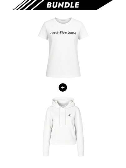 Calvin Klein [حزمة] تي شيرت نسائي بشعار Script Core باللون الأبيض + هودي نسائي بتطريز IB0 باللون الأبيض