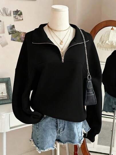 Women's Solid Color Half Zipper Quarter Zip Sweatshirt, For Fall Winter,Fall Clothes,Versatile Staple You Definitely Need For Back-To-School Looks