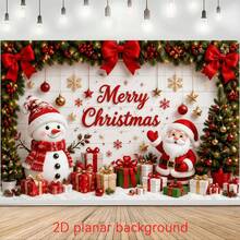 1pc Christmas Themed Banner Backdrop With Snowman And Santa Claus Pattern, Decorated With Christmas Tree, Gift Box, Red Bow And Snowflake, Suitable For Christmas Party Decoration, Party Decoration, Holiday Party Decoration - A - View 2