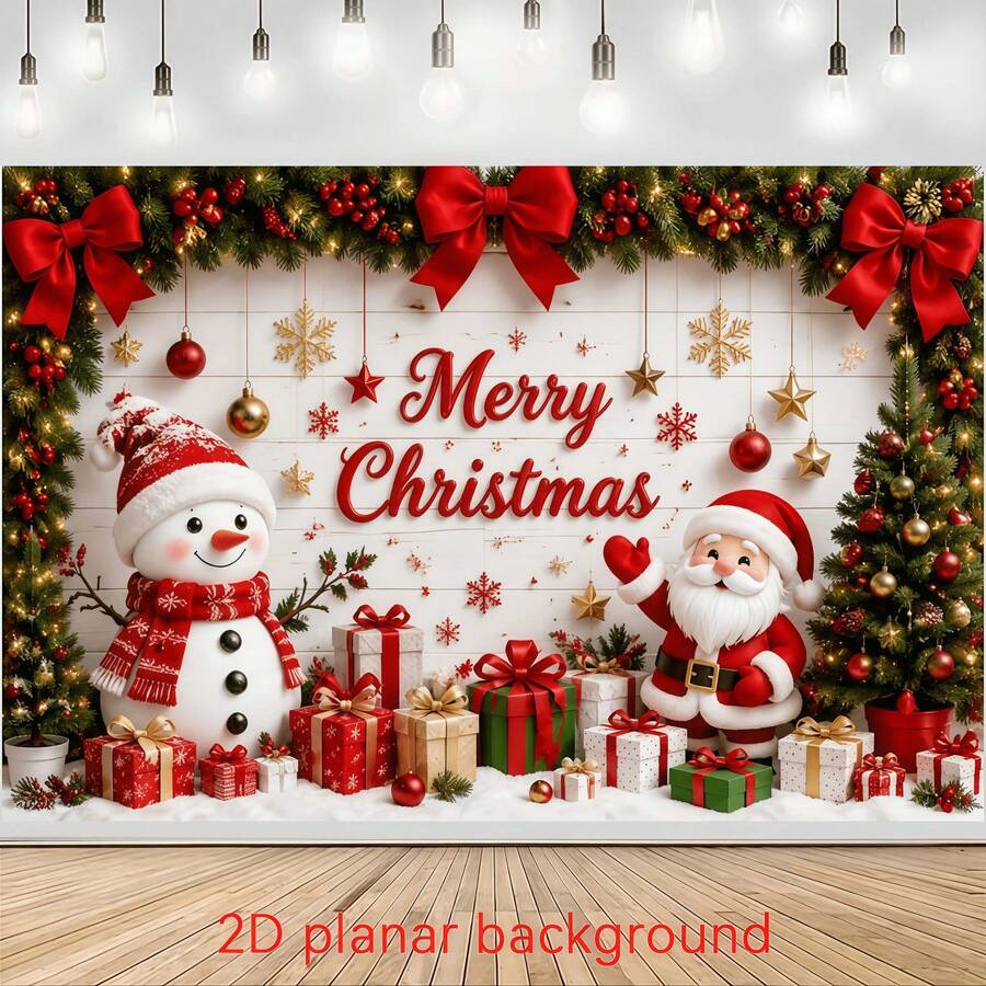 1pc Christmas Themed Banner Backdrop With Snowman And Santa Claus Pattern, Decorated With Christmas Tree, Gift Box, Red Bow And Snowflake, Suitable For Christmas Party Decoration, Party Decoration, Holiday Party Decoration