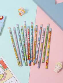 Set Pensil & Penghapus Kartun Inspiratif Bahasa Inggris 6/12 buah, Pensil HB untuk Siswa, Hari Pertama Sekolah - MultiWarna - View 3
