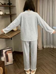 2pcs Women's Pajama Set, Open Front With Pocket, Cute Puppy Print, Fashionable Lapel Long Sleeve & Long Pants, Comfortable For Home Wear - Blue - View 3