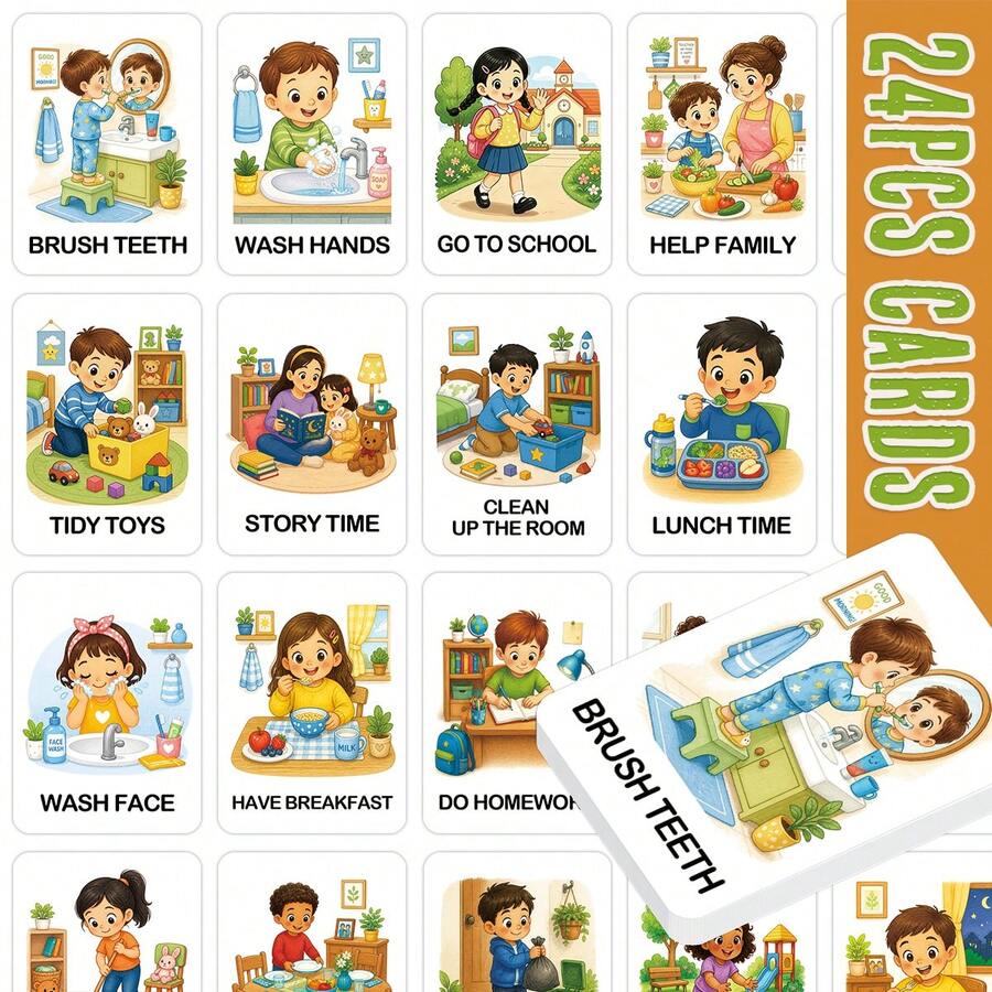 24 Kartu Flash Rutinitas Harian - Kartu Jadwal Visual & Alat Pembelajaran Keterampilan Hidup. Ilustrasi Tugas Rumah Tangga, Kebersihan & Aktivitas Perawatan Diri, Alat Bantu Belajar untuk Membangun Kebiasaan Baik, Kemandirian & Tanggung Jawab, Perlengkapan Homeschooling yang Luar Biasa.
