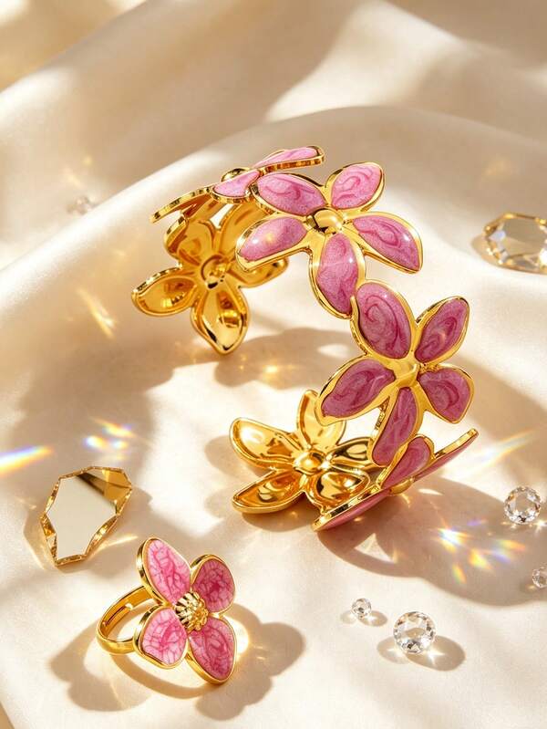 VceTd 1 Set Elegant Style Floral Design Stainless Steel Women's Jewelry Set Suitable For Dating/Vacation Wear