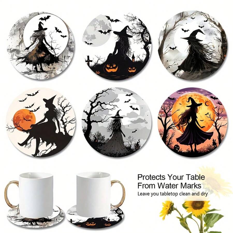 A Set Of 6 Halloween-Themed Wooden Coasters Featuring Designs Of Witches, Pumpkins, Bats, And A Full, Designed In A Decorative Silhouette Style - Multicolor - View 1