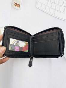 1pc Men's Multi-Function [Multi-Card Slot] Patchwork Coin Purse Short Horizontal Zipper Wallet Coin Purse Woven Pattern Patchwork Wallet - Multicolor - View 7