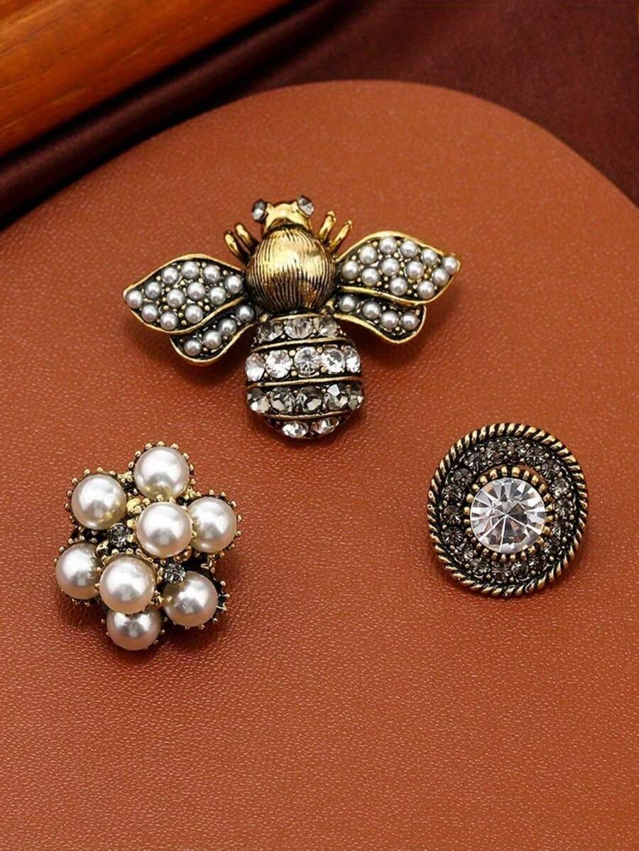 3pcs Fashion Jewelry Brooch Set - Bee, Faux Pearl And Floral Decorative Brooches - View 1