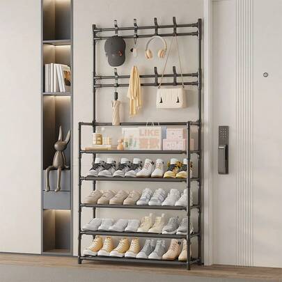 1pc 4-5 Tier Shoe Rack - Space-Saving, Easy To Assemble, Durable Design Suitable For Entryway And Bedroom, Minimalist Style Freestanding Entryway Shoe Cabinet | Modern Shoe Rack | Sturdy Structure, Multi-Functional Coat Hooks, Ideal Storage Solution For Home, Living Room And Dormitory Organization, Providing Ample Storage Space