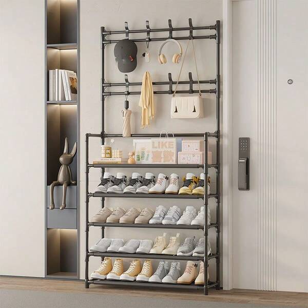 1pc 4-5 Tier Shoe Rack - Space-Saving, Easy To Assemble, Durable Design Suitable For Entryway And Bedroom, Minimalist Style Freestanding Entryway Shoe Cabinet | Modern Shoe Rack | Sturdy Structure, Multi-Functional Coat Hooks, Ideal Storage Solution For Home, Living Room And Dormitory Organization, Providing Ample Storage Space