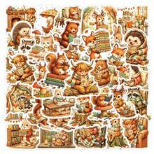 50Pcs Cozy Autumn Woodland Animals Reading Stickers Funny Fall Book Love Stickers Aesthetics Scrapbook Stickers Pack Vinyl Waterproof Stickers For Water Bottle,Computer,Laptop,Phone,Luggage,Notebook,Fridge - Multicolor - View 11