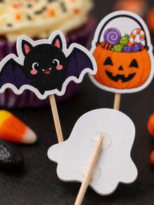 12pcs Halloween Icon Cake Toppers, Bat Ghost Spider Web Cupcake Picks, Birthday Dessert Decoration - View 4