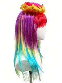 1 Pc Multi-Layer Rainbow Gradient Wig With Straight Bangs & Blooming Floral Silhouette, Vertical Color Transition. Perfect For Dark Punk Portrait Shooting, Neon Halloween Short Videos, Fantasy Monster Cosplay & Bright Tone Dark Outfit Matching - View 6