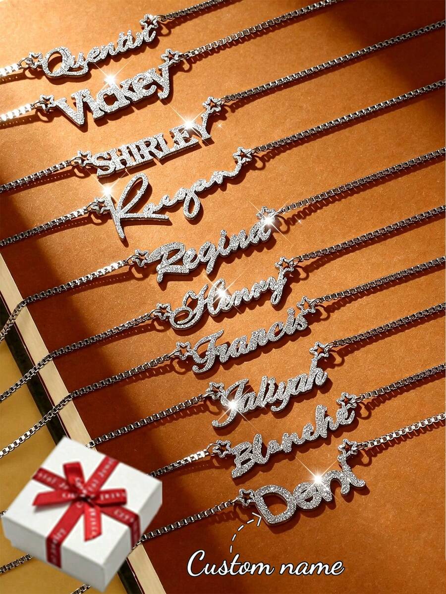 Custom Shiny Matte Name Necklace With Box Chain; Personalized Charming Sandblasted English Letter Name Necklace With Star Coil; Stainless Steel Creative Handmade Minimalist Cursive Letter Name Pendant, Suitable For Family Holiday Wear; Her Favorite Birthday Gift, Valentine's Day Gift, Christmas Gift, Mother's Day Gift. - Silver - View 1