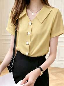 Fashionable Long Sleeve Design Satin Shirt, Solid Color Polyester, Front Button Closure Summer - Apricot - View 4