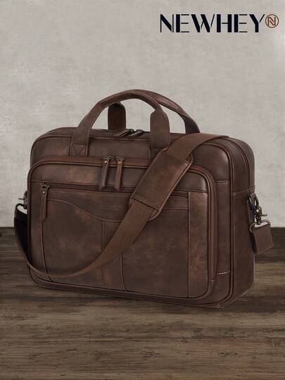 NEWHEY 16 Inch Men's PU Laptop Bag, Large Capacity Crossbody Shoulder Bag, Vintage Briefcase Messenger Bag, Suitable For Work, Office, Business Travel