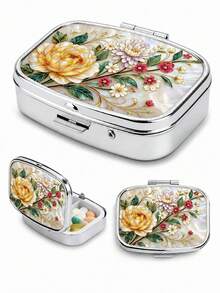 1pc Portable Floral Printed Pill Case, Mini 2 Grid Divided Medicine Tablet Storage Box, Vintage Flower Pattern Metal Pill Container For Pocket Purse Travel Daily Vitamin Organizer Gift For Women - Multicolor - View 17