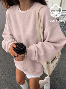 女款粉色紋理棉質圓領衛衣，寬鬆落肩長袖套頭衫，酷女孩秋季街頭風 - 粉色 - 查看 1