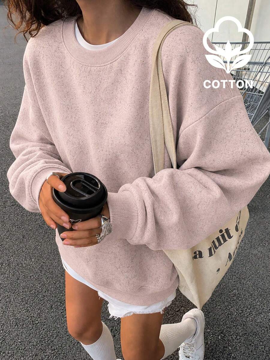 女款粉色紋理棉質圓領衛衣,寬鬆落肩長袖套頭衫,酷女孩秋季街頭風 - 粉色 - 查看 1