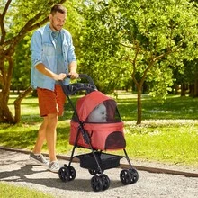 Hundebuggy mit Klappfunktion, Haustierwagen für kleine Hunde und Katzen, Haustierkarren, Katzenbuggy, Oxford Blau, 67 x 45 x 96 cm, vor Ort - Rot + Oxford-Gewebe - Übersicht 6