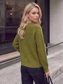 Nicenter Women's Fall‑Winter Cozy Wool Blend Ribbed Knit Crew Neck Button Front Relaxed Cropped Cardigan Sweater Tops Fall‑Winter Clothes For Women - Army Green - View 2