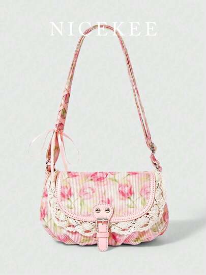 Nicekee Elegant, Gentle, Sweet And Retro Textured Flower Printed Shoulder Bag With Flip Buckle And Lace Patchwork Design, Sweet And Cute Style.