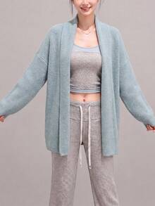 Women's Winter Casual Minimalist Elegant Premium Knit Cardigan Sweater Jacket - Blue - View 4