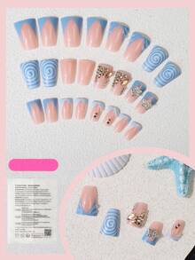 24pcs 3D Duck Foot Square French Press-On Nails, Light Blue Swirl Star Rhinestone Design, Sweet Cool Y2K Style Fake Nails, Suitable For Daily Commute, Date, Party, Includes Nail File + Jelly Glue - Mint Green - View 5