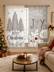 2pcs Gray Tone Minimalist Reindeer Snowman Christmas Tree Christmas Print Curtains, Rod Pocket Polyester Fabric, Simple Line Pine Tree Red Berry Snowflake Holiday Text Full Print, Nordic Cold Style Quiet Winter Christmas, Machine Washable, Kitchen Living Room Bedroom Decor Window Treatment - Multicolor - View 8