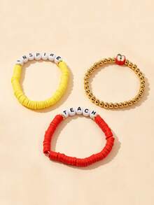 3pcs/Set Letter Beaded Bracelet Apple Pendant Layered Wear Gift Jewelry Set Back To School Teacher's Day Gift - one-size - View 7