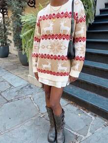 1pc Girls/Teens Christmas Gift Cute Reindeer & Snowflake Round Neck Sweater, Spring/Autumn/Winter - Multicolor - View 4
