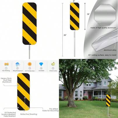 Señal de Marcador de Objeto Panel Vertical Negro y Amarillo de 18" X 6" con Estacas de Metal de 35" de Largo para Advertencia de Tráfico Vial Barrera Exterior Construcción Precaución con Soporte Aluminio Uso Exterior Jardín Negocio