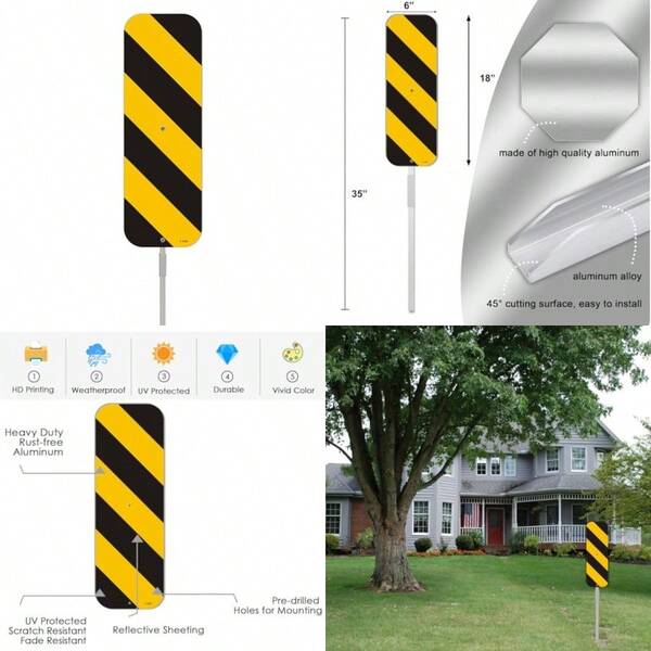 Señal de Marcador de Objeto Panel Vertical Negro y Amarillo de 18" X 6" con Estacas de Metal de 35" de Largo para Advertencia de Tráfico Vial Barrera Exterior Construcción Precaución con Soporte Aluminio Uso Exterior Jardín Negocio