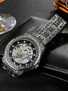 T-WINNER 1pc Men's Classic Vintage Carved Hollow Automatic Mechanical Watch With Rotating Bezel, Luminous Hands, Rhinestone Decorated Dial, Luxury Stainless Steel Band, Business Casual Wristwatch - Silver - View 4