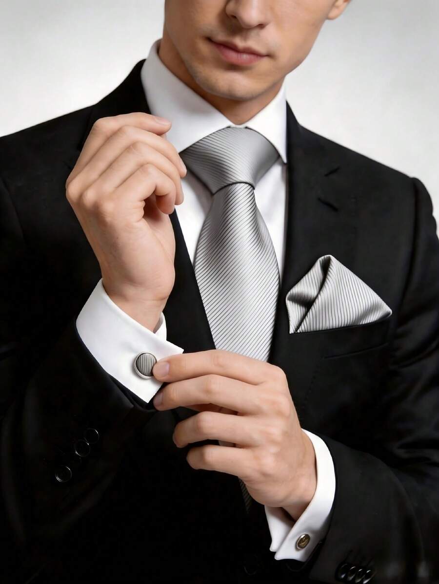 1套男士8cm紋理領帶、口袋巾與袖扣套組,適合商務會議、婚禮派對新郎領帶套組 - 淺灰色 - 查看 1