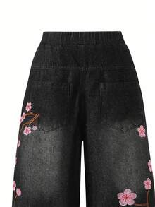Tween Girl Black Denim Jeans Fashion New Cherry Blossom Embroidered Loose Wide Leg Casual Pants Suitable For Spring Summer Autumn Winter - Black - View 8