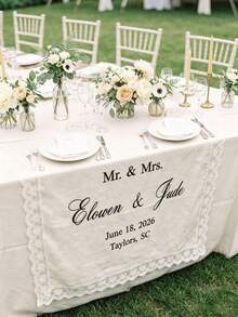 Personalized Linen Table Runner With Floral Lace Trim, Handmade Custom Wedding Banner, Rustic Wedding Table Centerpiece Decor - Multicolor - View 7