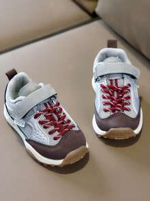 Unisex Kids' Retro Colorblock Jogging Shoes, Large Mesh Breathable Double-Layer Lace-Up Anti-Collision Toe Cap, Versatile Casual Sneakers - Grey - View 5