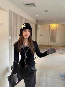 Women's Early Spring Striped Patchwork Slim Fit Cardigan Top, Collared Long Sleeve T-Shirt - Black - View 6
