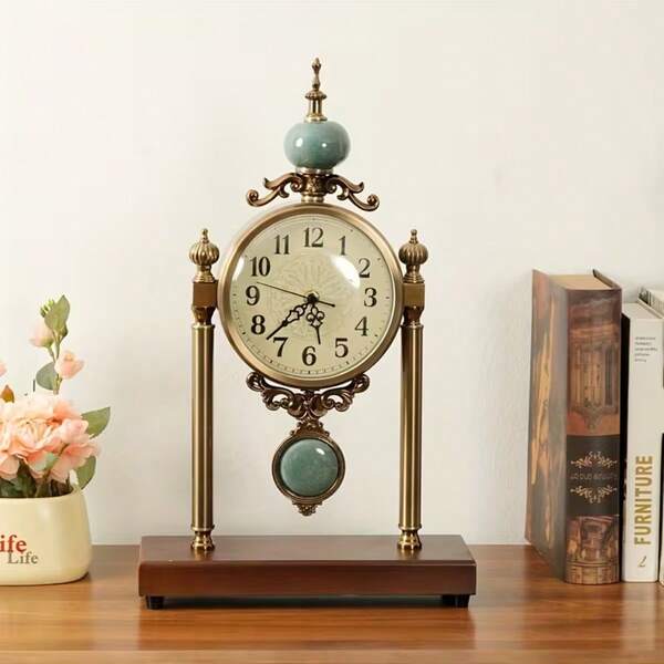Reloj de mesa retro europeo, reloj de escritorio silencioso con marco de latón antiguo y cerámica turquesa craquelada, reloj analógico vintage con base de madera para decoración de hogar, oficina y regalo